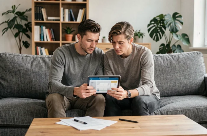 Couple planifiant ensemble leur budget familial sur une tablette dans un salon moderne
