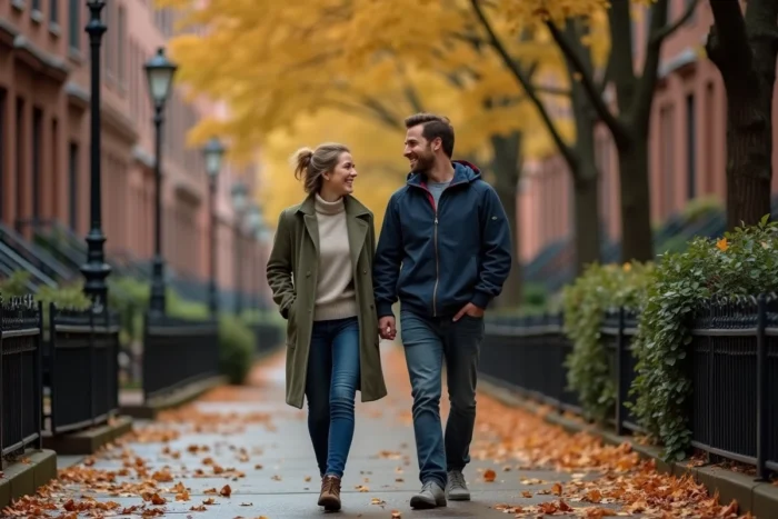 Couple se promenant en automne dans une rue résidentielle bordée d'arbres, capturant une atmosphère de vie de famille intime et discrète