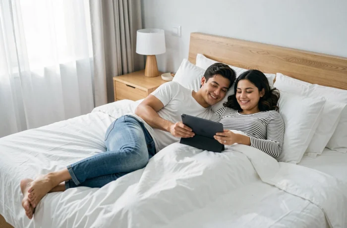 Pareja viendo televisión en directo en una tableta en una habitación moderna y luminosa