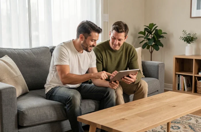 Couple vérifiant ensemble les avis fiables sur Zelok via une tablette dans leur salon