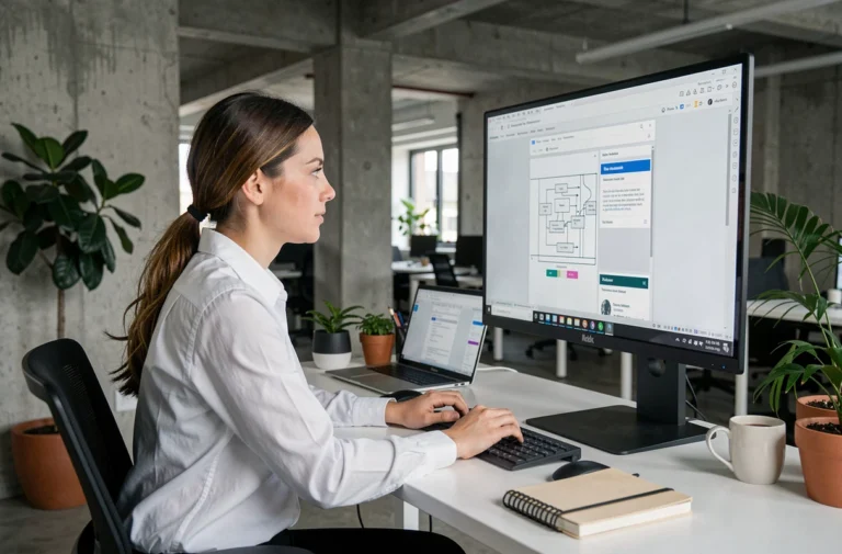 Femme professionnelle consultant la maquette de son site web professionnel sur un grand écran dans un bureau moderne