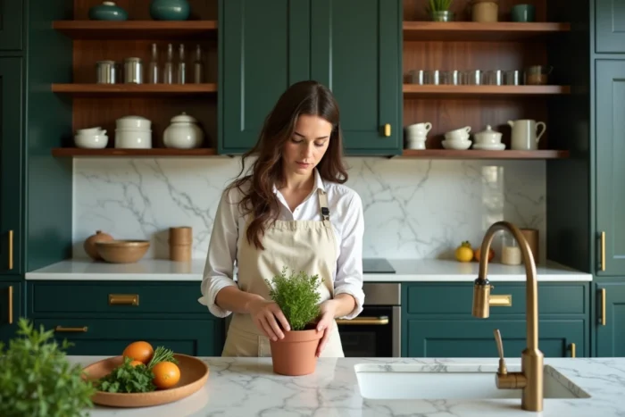 Cuisine contemporaine avec façades vert forêt, plan de travail en marbre Calacatta et accessoires en laiton brossé