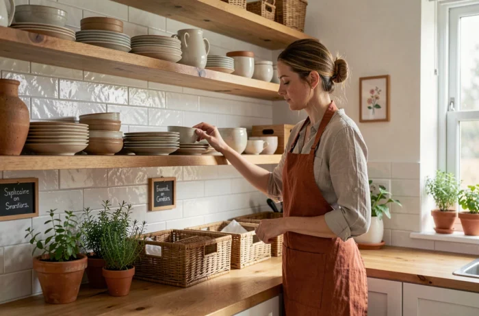 Femme arrangeant une étagère de cuisine ouverte avec des céramiques et des herbes aromatiques dans une cuisine tendance organisée et pratique