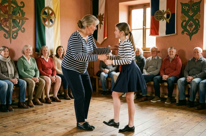 Femme en marinière bretonne enseignant la gavotte bretonne à une adolescente dans une salle des fêtes décorée de motifs celtiques