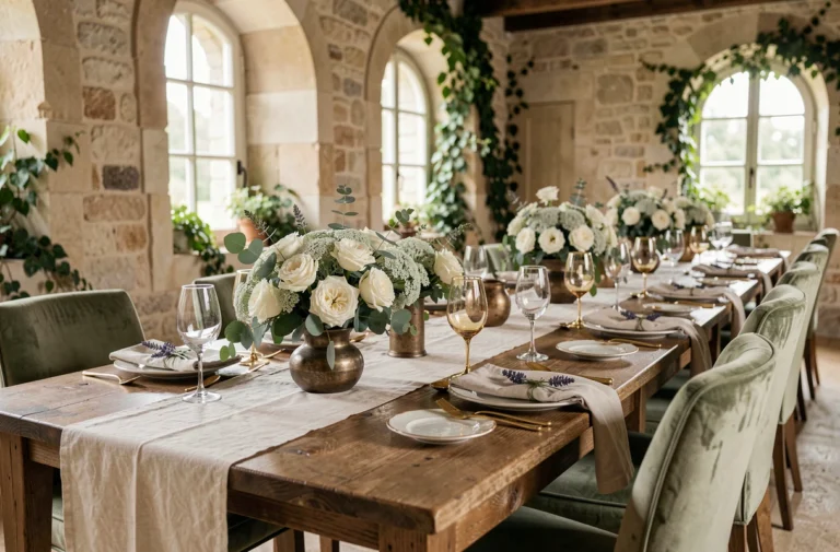 Table de réception de mariage élégante décorée de fleurs blanches, vaisselle en porcelaine ivoire et verrerie dorée dans un château français