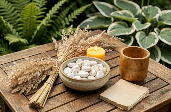 Composition décorative zen avec galets blancs, bougie et herbes séchées sur table en bois de jardin