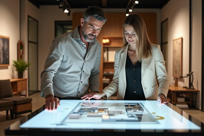 Deux designers intérieurs collaborant sur une table interactive affichant un rendu 3D de décoration intérieure