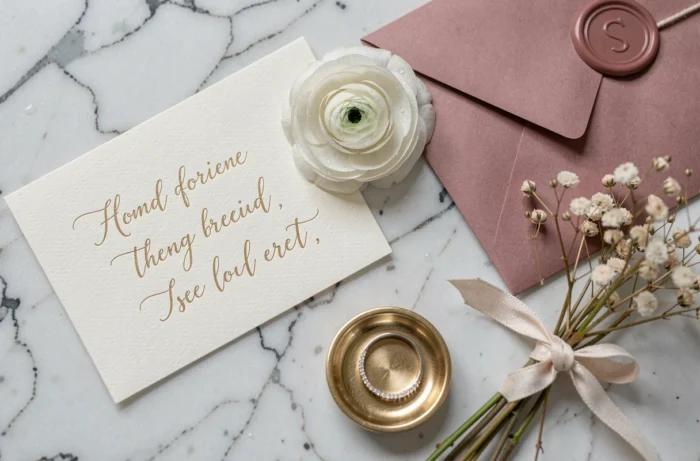 Détails de décoration de mariage en gros plan avec carton de place calligraphié, fleur blanche et accessoires dorés sur marbre