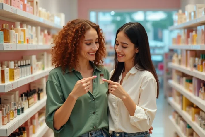 Two women shopping and comparing luxury perfume dupes in an affordable cosmetics store