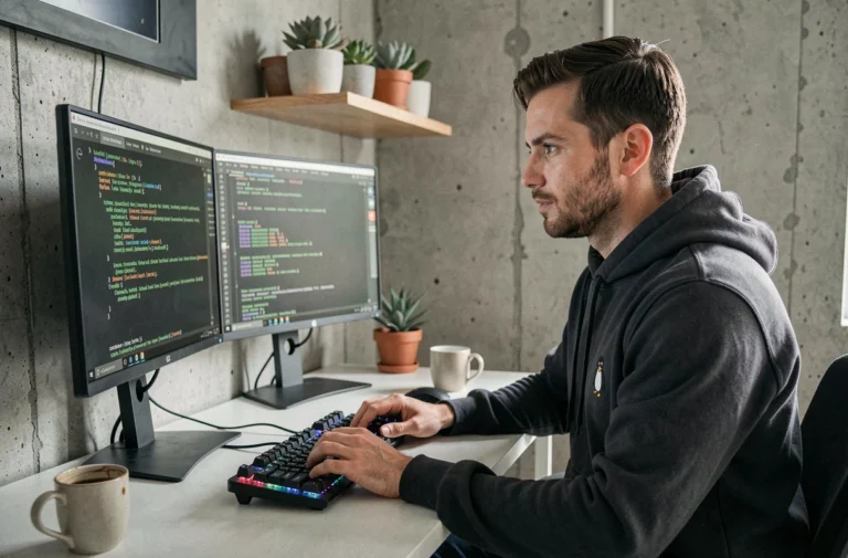 Développeur Linux concentré travaillant sur un terminal en ligne de commande dans un bureau moderne, stratégie marketing open source