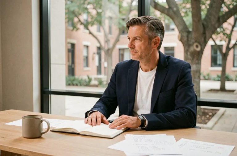 Dirigeant en reconversion professionnelle réfléchissant à son nouveau positionnement, assis à un bureau minimaliste avec un carnet de notes ouvert