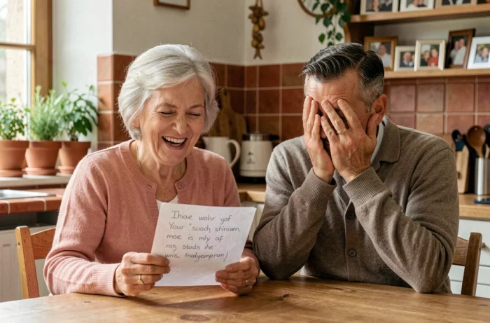 Femme lisant un discours humoristique pour les 40 ans de mariage de son couple dans une cuisine chaleureuse