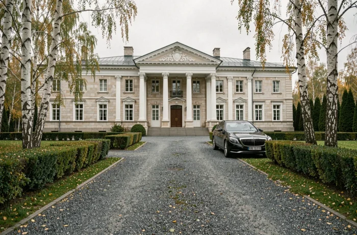 Domaine privé luxueux en Russie avec manoir néoclassique et allée de gravier, évoquant la richesse et le patrimoine immobilier d'un oligarque des médias