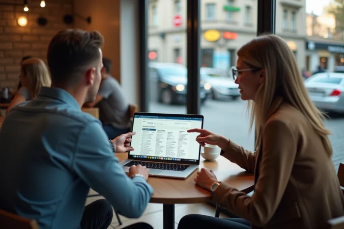 Deux personnes explorant ensemble le plan du site Citizens News sur un ordinateur portable dans un café
