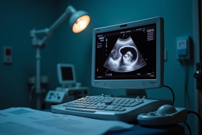 Écran d'échographie obstétricale montrant une sac gestationnel sans embryon visible lors d'un examen à 5 semaines d'aménorrhée
