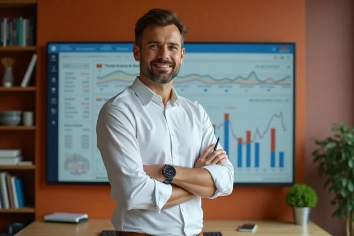 Entrepreneur fintech présentant un tableau de bord de finances personnelles sur grand écran dans un espace de coworking