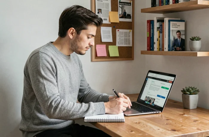 Jeune entrepreneur en télétravail consultant l'actualité business en ligne pour développer la visibilité de son entreprise depuis son bureau à domicile