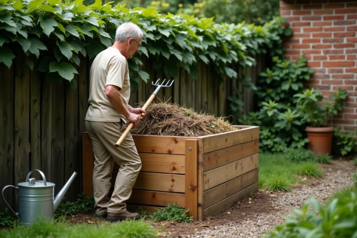 Homme retournant du compost dans un bac en bois au jardin, entouré de végétation et d'outils de jardinage sur un chemin de gravier