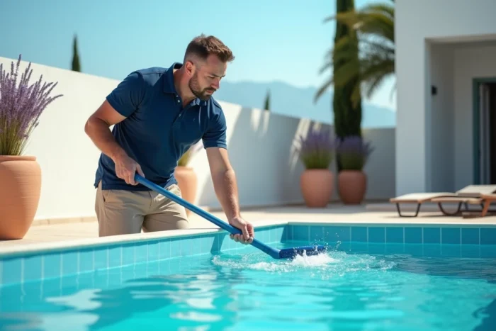 Homme entretenant les parois d'une piscine bleue avec une brosse télescopique dans un jardin méditerranéen