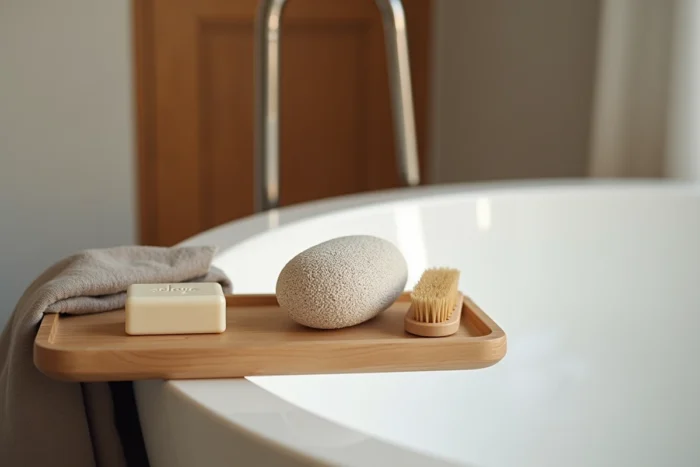 Pierre ponce posée sur un plateau de bain en bois avec une brosse et du savon pour un entretien régulier et efficace