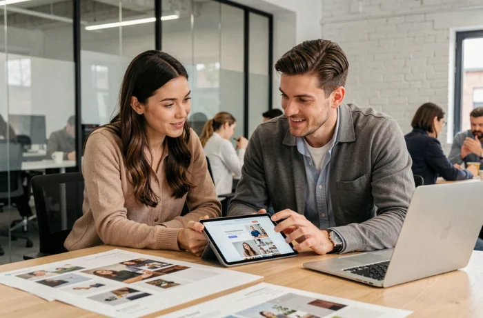 Dois profissionais colaborando na concepção de um site web em um espaço de coworking moderno com maquetes impressas
