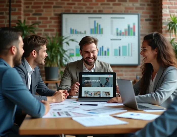 Équipe professionnelle en réunion stratégique autour de l'actualité business en ligne pour améliorer la visibilité de leur entreprise