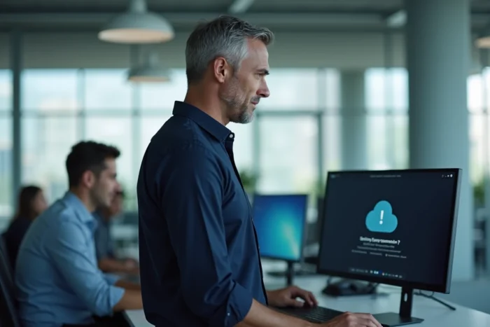 Homme professionnel perplexe devant une erreur de connexion à un service de stockage cloud en entreprise