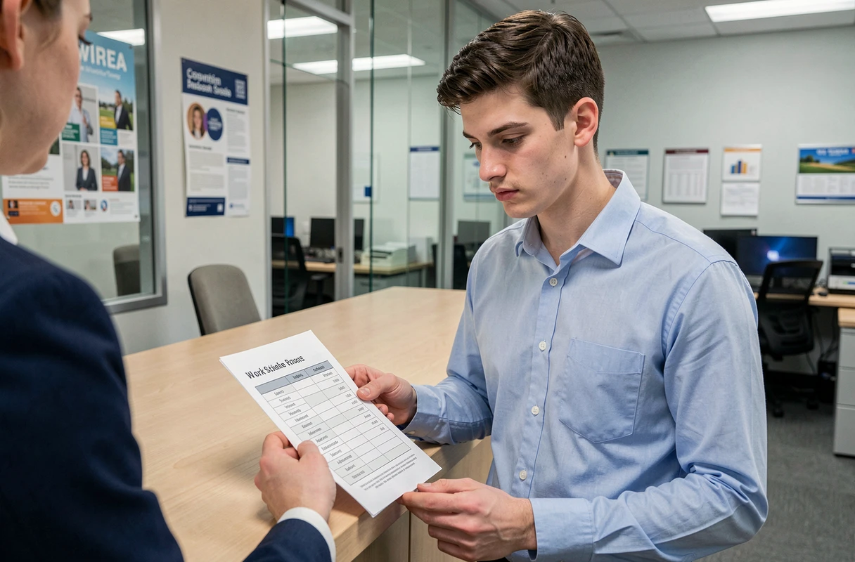 Junger Student, der seinen Arbeitsstundenplan im Verwaltungsbüro seiner Universität überprüft