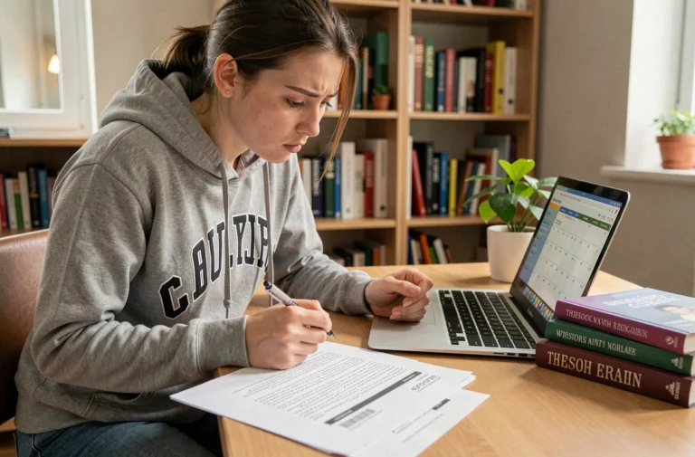 Étudiante lisant attentivement son contrat de travail étudiant avec un calendrier affiché sur son ordinateur portable