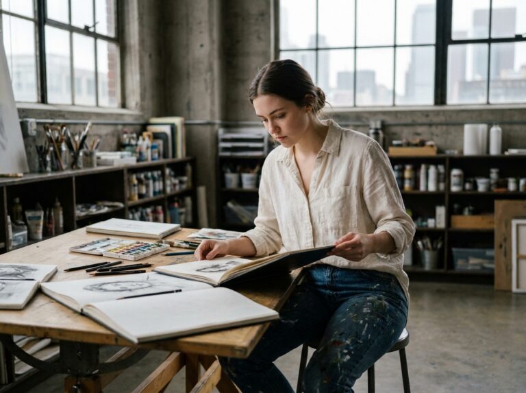 Étudiante en prépa art étudiant son portfolio dans un atelier avec des carnets de croquis et des fournitures artistiques