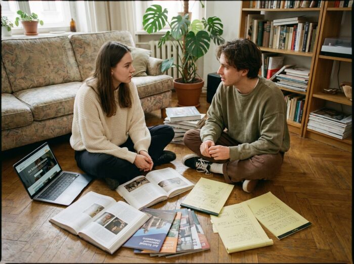 Dois estudantes em prépa de arte comparando folhetos de escolas e anotações em um apartamento compartilhado