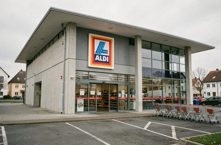 Façade extérieure d'un supermarché Aldi discount en zone parisienne avec logo rouge et bleu et parking