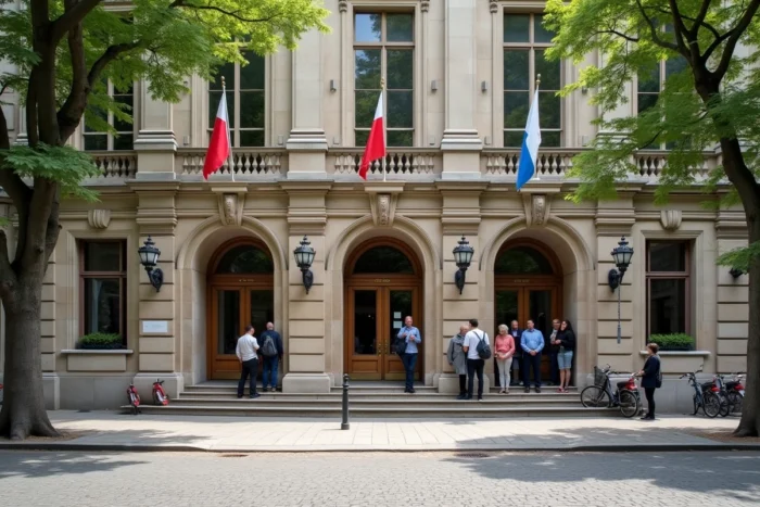 Façade d'une mairie à Nantes avec des personnes en attente pour déposer un dossier de transcription de mariage