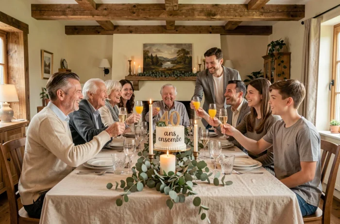 Famille multigénérationnelle réunie autour d'une grande table pour célébrer 40 ans de mariage avec un gâteau personnalisé