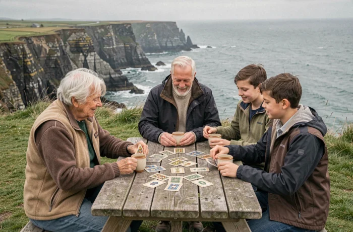Famille de trois générations jouant aux cartes en plein air sur une falaise bretonne avec vue sur la mer