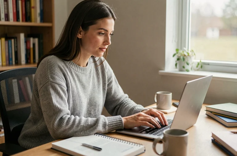 Femme consultant les actualités sur un ordinateur portable dans un espace de travail moderne et chaleureux