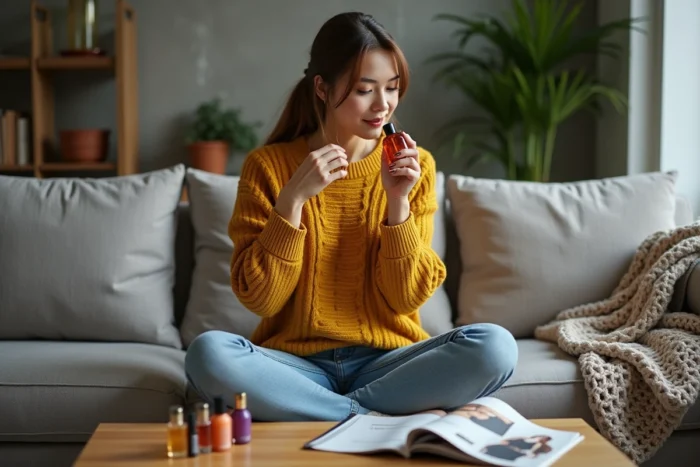 Woman smelling an Adopt perfume bottle sitting on a couch surrounded by several affordable perfume alternatives