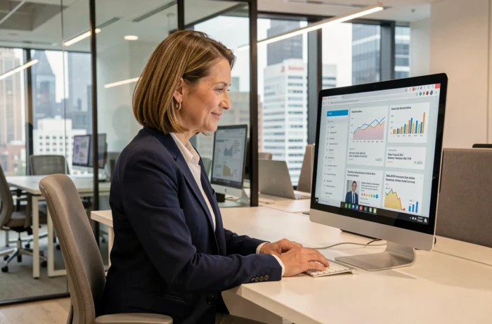 Femme d'affaires consultant l'actualité business en ligne sur un écran dans un bureau moderne pour booster la visibilité de son entreprise
