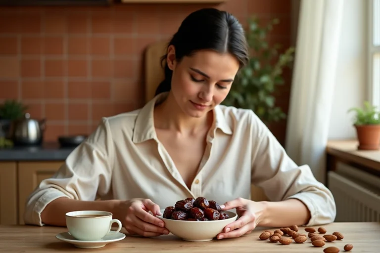 Femme préparant un bol de dattes Medjool avec des amandes et du thé dans une cuisine rustique en carrelage terracotta