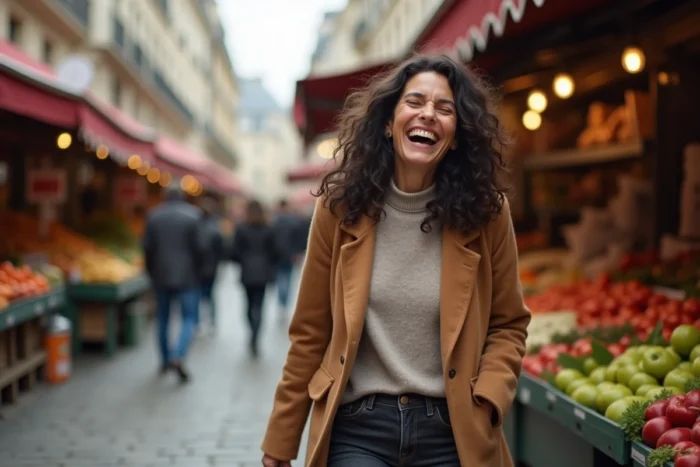 Femme souriante et décontractée se promenant dans un marché parisien en plein air, illustrant le quotidien authentique et chaleureux de la femme de Booder