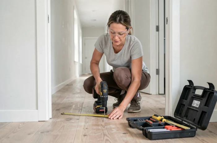 Femme bricolant l'installation d'une charnière de porte avec une perceuse sans fil pendant des travaux de rénovation