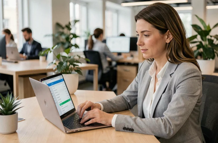 Femme professionnelle consultant son espace personnel Arkevia sur un ordinateur portable pour accéder à ses fiches de paie archivées