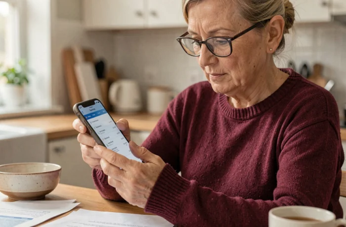 Femme d'âge mûr consultant ses anciennes fiches de paie sur smartphone via l'application Arkevia depuis chez elle