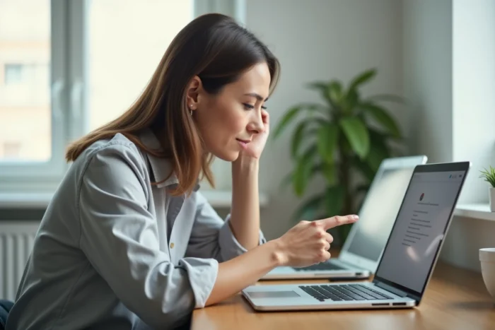 Femme consultant l'heure d'envoi d'un e-mail sur son ordinateur portable dans un bureau à domicile