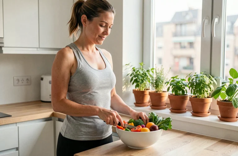 Femme préparant un repas sain avec des légumes frais dans une cuisine moderne pour prendre soin de sa santé au quotidien