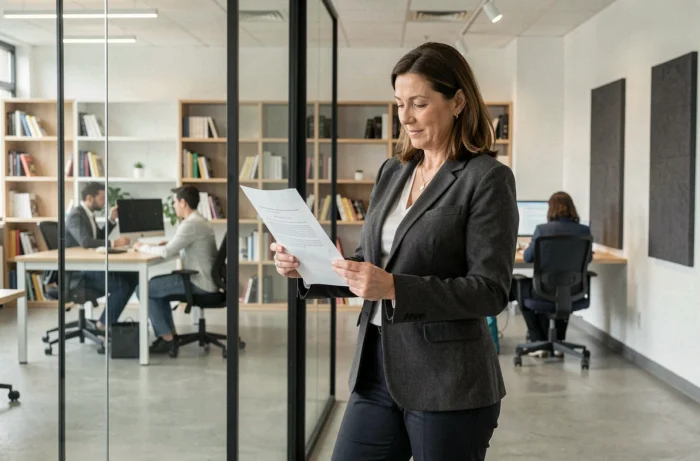 Femme dirigeante en transition de carrière analysant son nouveau positionnement professionnel dans un espace de coworking moderne