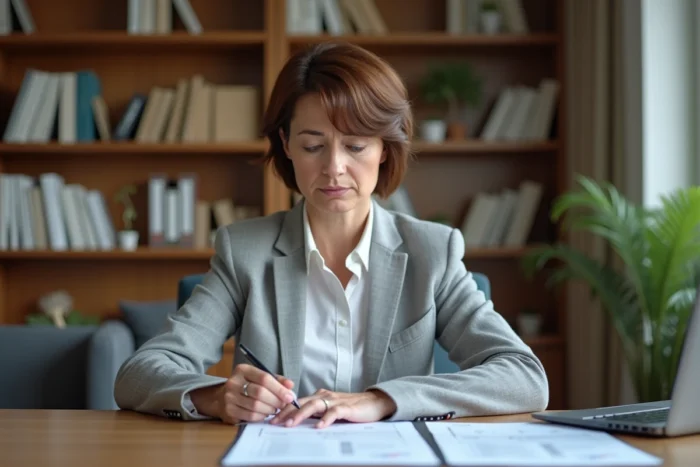 Femme d'une cinquantaine d'années étudiant des documents liés à la retraite et au CSP dans un bureau à domicile