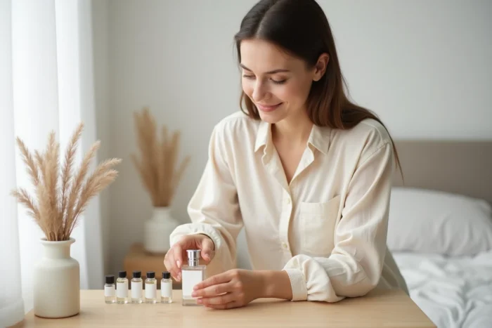Jeune femme comparant des dupes de parfums abordables à un flacon de parfum de luxe sur une coiffeuse minimaliste