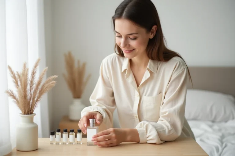 Jeune femme comparant des dupes de parfums abordables à un flacon de parfum de luxe sur une coiffeuse minimaliste