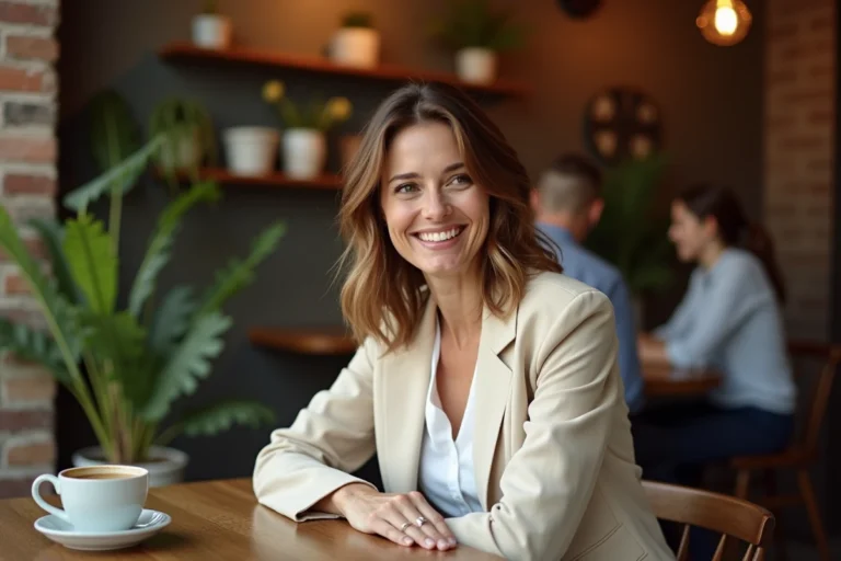 Femme élégante assise dans un café urbain, souriant de façon naturelle, illustrant la vie privée et la personnalité discrète de la femme d'Ed Helms